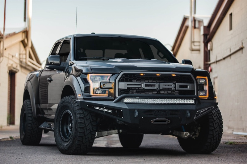 Ford F-150 Raptor Front Bumper - Addictive Desert Designs - HoneyBadger with Winch Mount - Hammer Black with Satin Black Panels - `17-`18